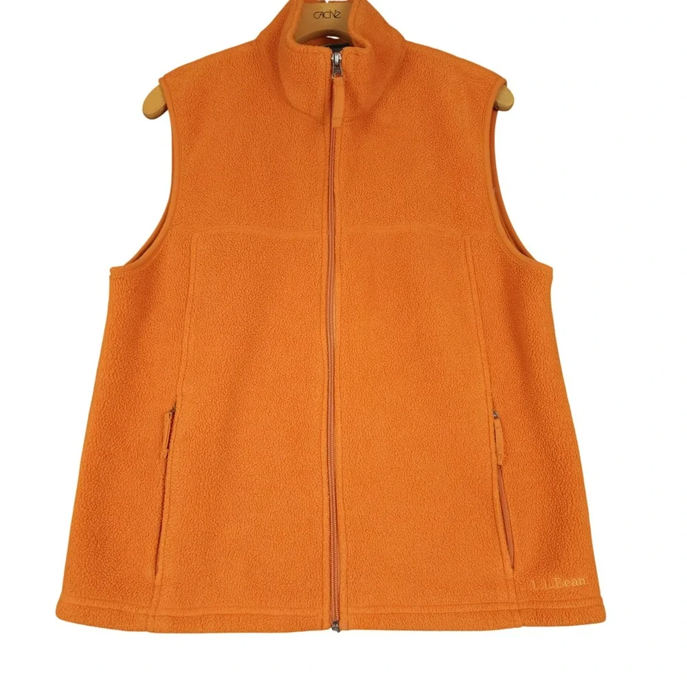 LL Bean Fleece Vest‎ Orange Full Zip Pockets Men's Size S Regular Outdoor